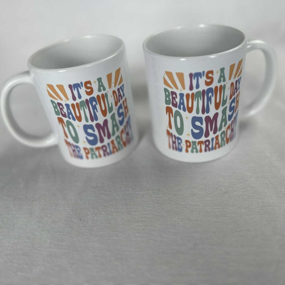 Feminist Mug Set | Colorful Retro‎ Coffee Cups (2) “Smash the Patriarchy”